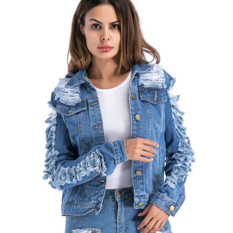 5xl plus storlek rippad denim jacka kvinnor kläder 2018 höst damer långärmad outwear kvinna jaet jeans feminina veste femme