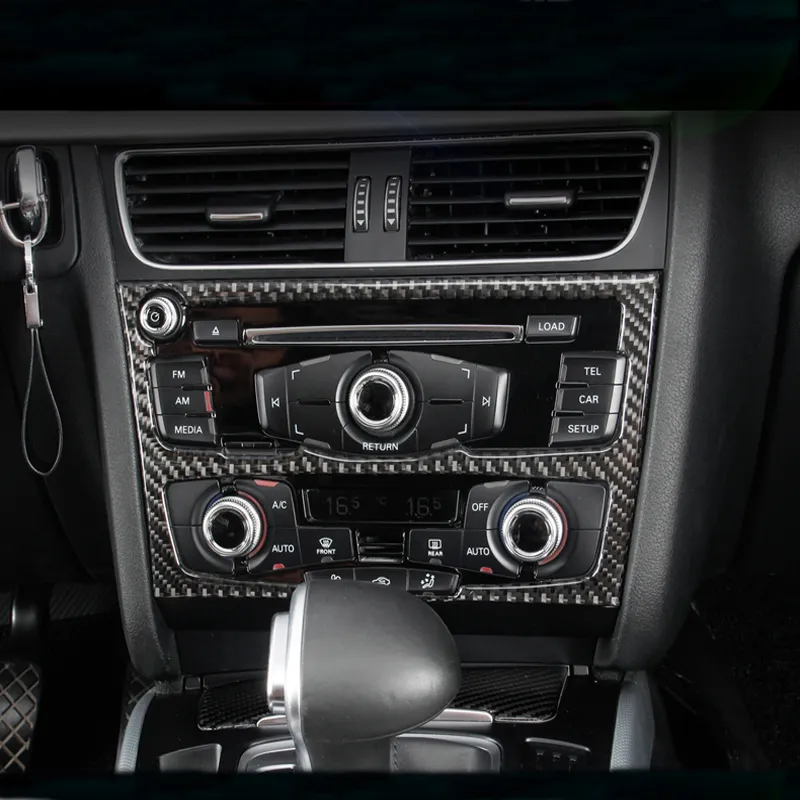 ألياف الكربون الداخلية تريم تكييف الهواء CD لوحة التحكم غطاء الإطار ملصقات السيارات التصميم لأودي A4 B8 A5 Q5 الملحقات