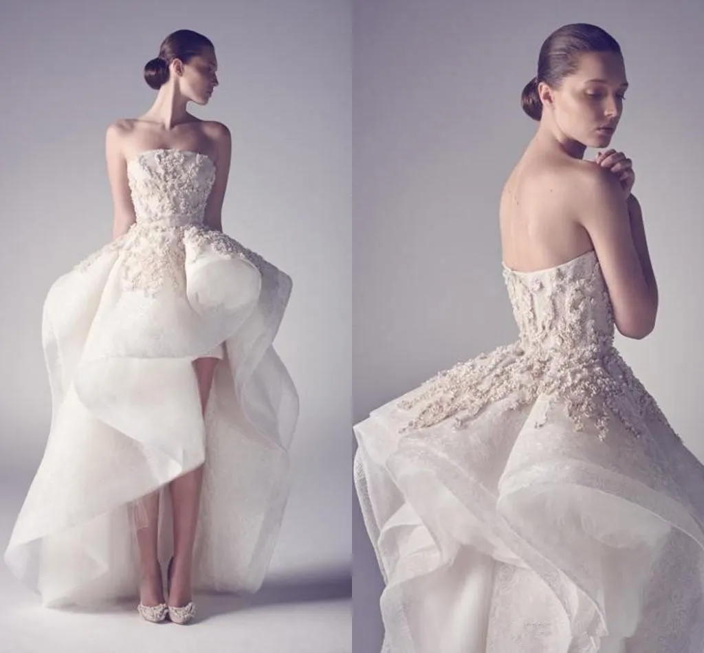 Krikor Jabotian High Low Beach Holiday Wedding Vestres de casamento personalizado Faça de renda sem alça Floral Ruffles Salia Vestido de noiva de recepção de noiva