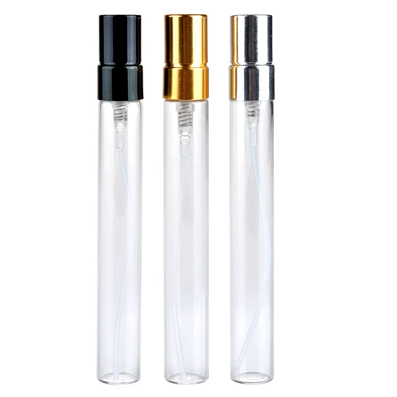 300pcs 10ml 클리어 스프레이 병 작은 빈 유리 분무기 향수 병을 곁들인 알루미늄 분무기 10cc 샘플 Parfum Bottles