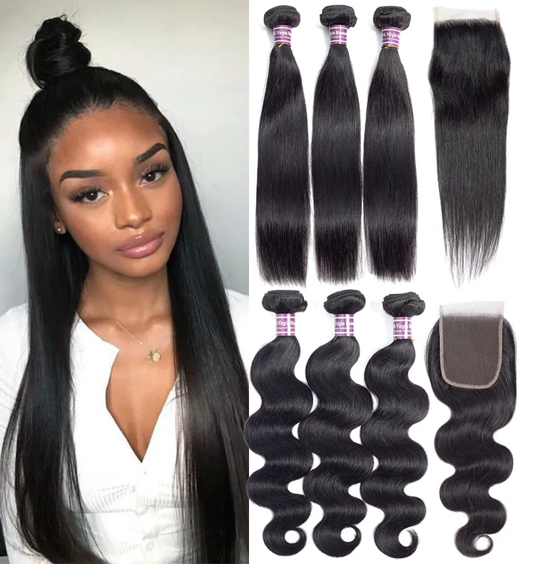 10a Bundles de tissage de cheveux humains vierges brésiliens avec fermeture Bundles de cheveux humains de vague de corps non transformés avec fermeture en dentelle en gros