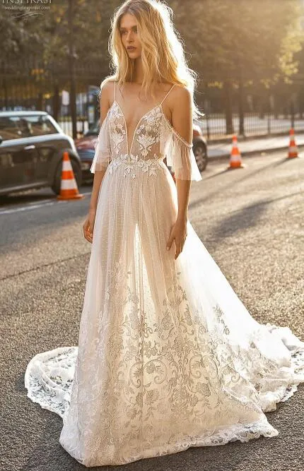 Gali Karten A-Line Lace Bridal Gown with Pl plunging Spaghetti Straps, Appliqued Open Back, and Custom Beach Boho Boho Lace wedding dress Gali Karten A-Line Lace Bridal Gown with Pl plunging Spaghetti Straps, Appliqued Open Back, and Custom Beach Boho Boho Lace wedding dress