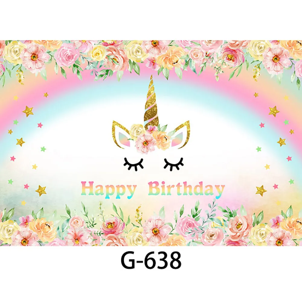 Baby-Mädchen-Regenbogen-Einhorn-Hintergründe für Fotografie, bedruckte Blumen, Sterne, Kinder, kleine Prinzessin, alles Gute zum Geburtstag, Fotohintergrund