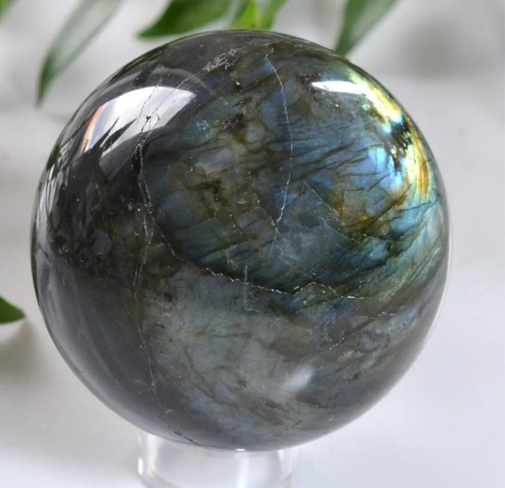 50-60mm naturligt bra flash labradorite sfärer bollar kvarts kristall reiki helande boll med trämivor för heminredning