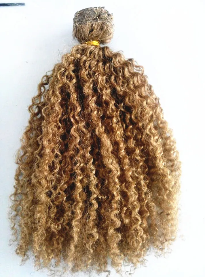 Brasilianska Human Virgin Remy Clip Ins Hair Extensions Mörk Blondin Hårväv Human Kinky Curly Hair Extensions Dubbeldragen Tjock vävt