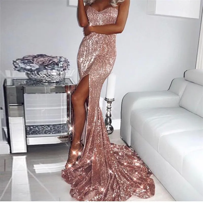 Sexy Rose Gold Cekiny Długa Prom Dress Syrenka Dla Kobiet Maxi Wieczorowa Dress Z Wysokim Szczurami Suknie Wieczorowe Formalne Suknie Tanie