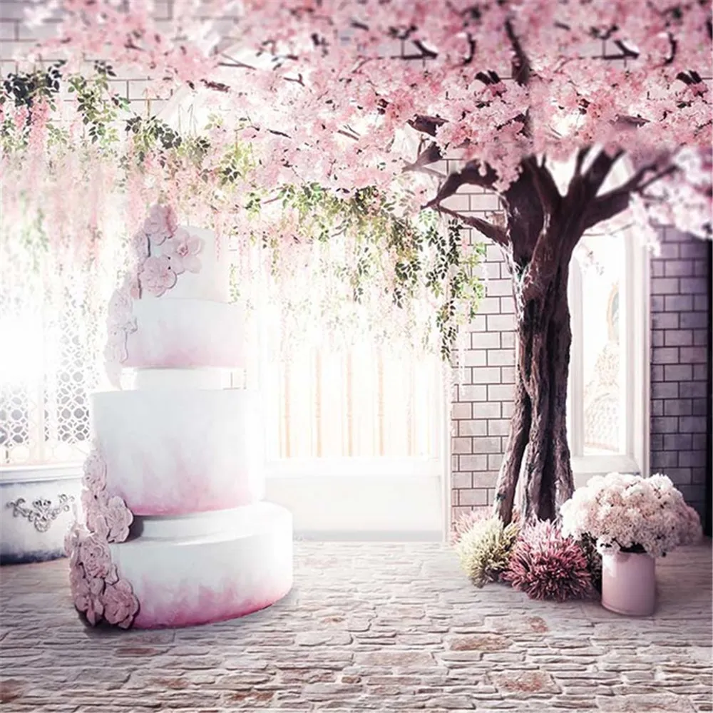 Rosa Kirschblüten Baum Innen Romantische Hochzeit Fotohintergründe Helles Fenster 4 Schichten Kuchen Studio Fotografie Stand Hintergrund Vinyl