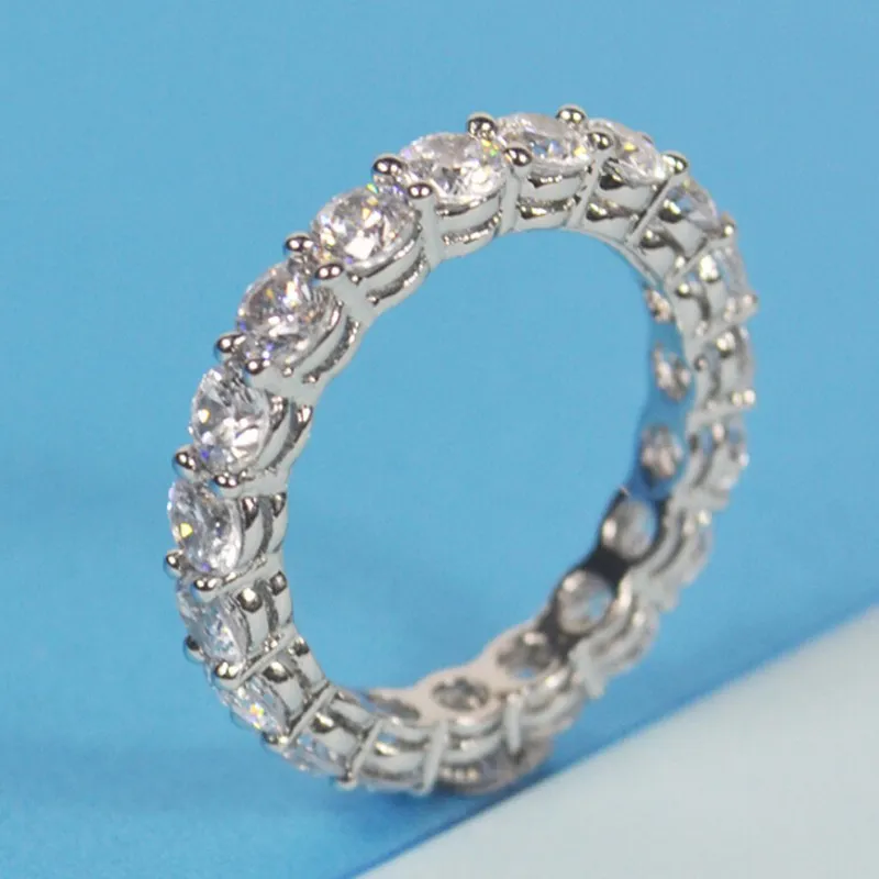 Marca Mulheres Moda Jóias Rodada Completa 4mm Diamante S925 Anel de Noivado de Casamento de Jóias de prata para as mulheres