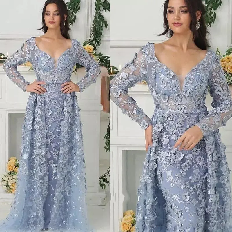 Amazing Full Appliques Prom Dresses 2019 Low Neckline See Through Long Sleeves Evening Gowns Lace Overskirts Style Mother Of Bride Dress