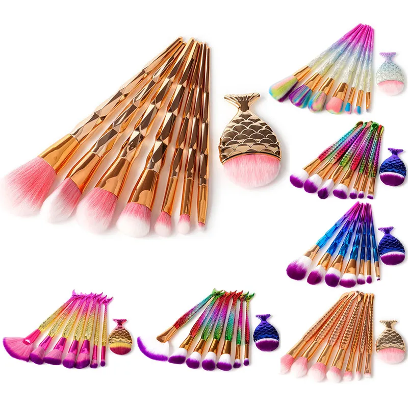 8pcs Mermaid Makeup Brushes Set Diamond Rainbow Big Fish Tail Cosmetics Eyeshadow Foundation Beauty Tools Multipurpose Make up Brush Kit