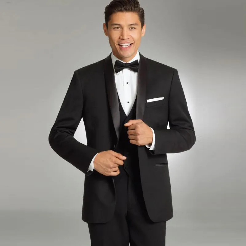 Beaux costumes pour hommes noirs Slim Fit garçons d'honneur de mariage Tuxedos châle revers costume de marié un bouton blazers formels avec veste pantalon gilet