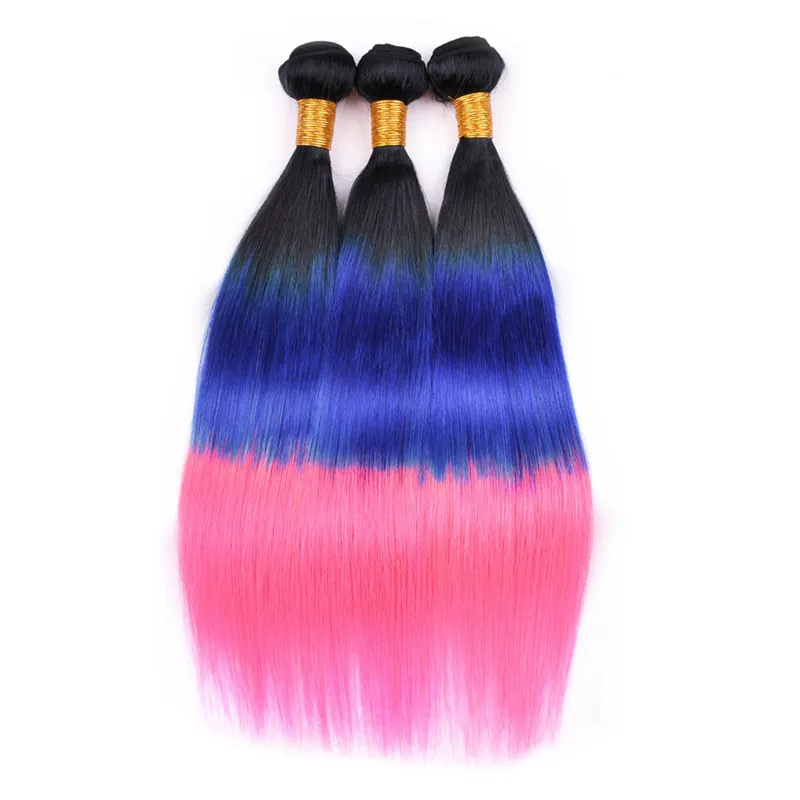 Три тона цветные # 1В / синий / розовый омбре перуанские человеческие волосы человеческими волосами 3 пакета с предложениями с 4x4 кружевной верхней закрытием шелковистые прямые