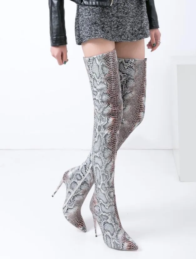 2018 nouvelles femmes bottes à talons fins cuissardes bottes à bout pointu bottines en cuir imprimé peau de serpent bottes à talons hauts dames chaussures de fête sans lacet botas