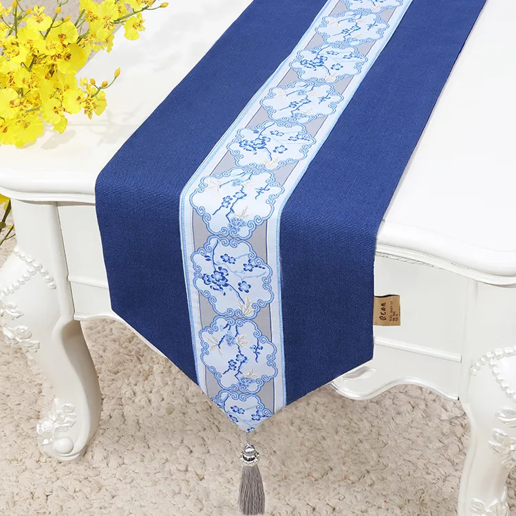 120 Inch Extra Long Embroidered Elegant French Blue Table Runner For Wedding Christmas Party
