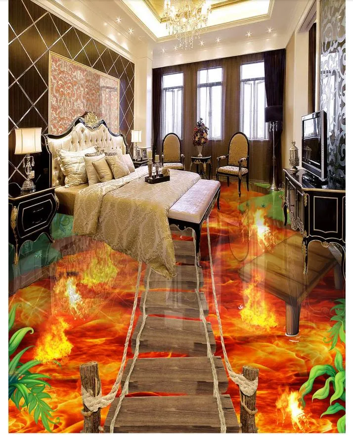 Custom wall mural art wallpaper painting Wooden bridge cliff flame forest 3D floor tiles living room bedroom Indoor decor