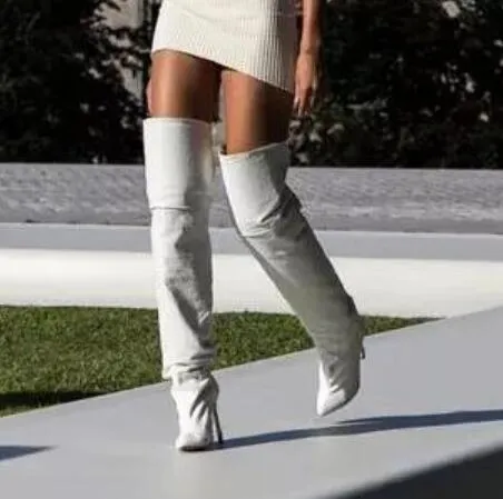 2018 nova chegada das mulheres sobre o joelho botas altas alto gladiador coxa botas brancas altas 12 cm de salto fino mujer bota partido sapatos ponto