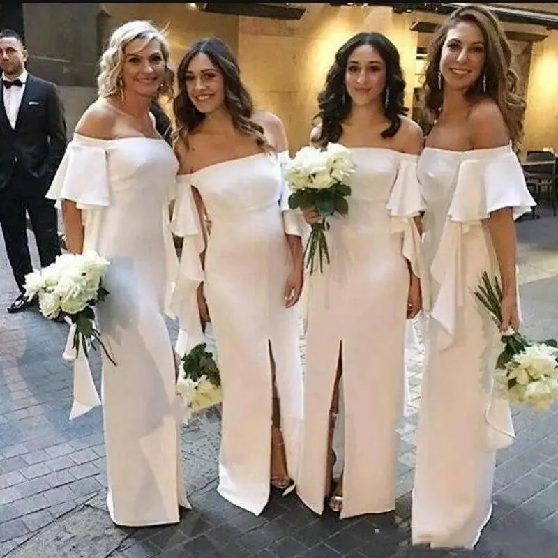 White Off Shoulder Long Bridesmaid Dresses Floor Length Front Split Maid Of Honor Gowns Chiffon Long Bridesmaid Dress Cheap