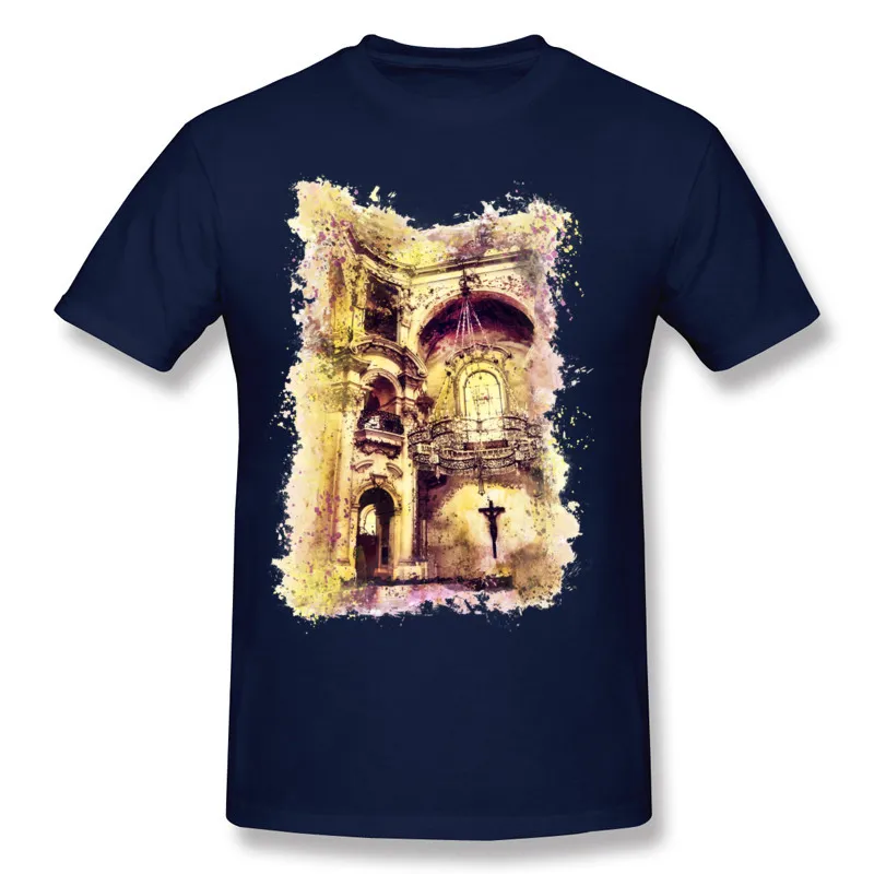 Hombre pour cent de coton Prague Church Tee-shirt Hombre Crew Neck Yellow Clain à manches