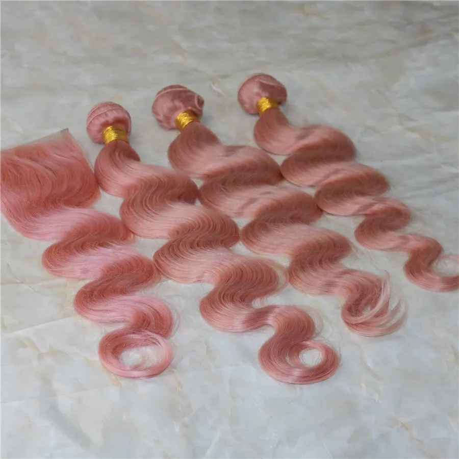 Braziliaanse Body Wave Virgin Menselijk Haarbundels met Kantsluiting Baby Roze Kleur Onverwerkte Remy Haar Weave Extensions Rose Gold Top Sluiting