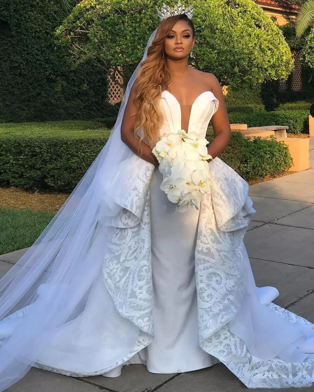 White satin online strapless wedding dress