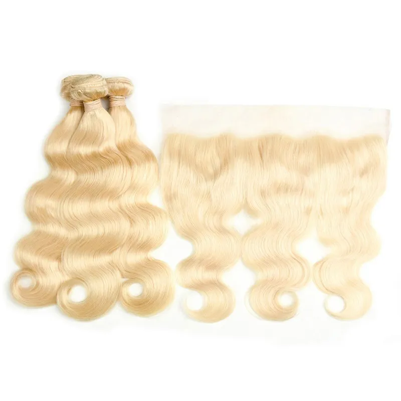 Brazilian Body Wave Hair 613# Blonde Ear to Ear 13x4 Lace Frontal Closure With 3 Bundles Brazilian Virgin Human Hair Weave Extensions