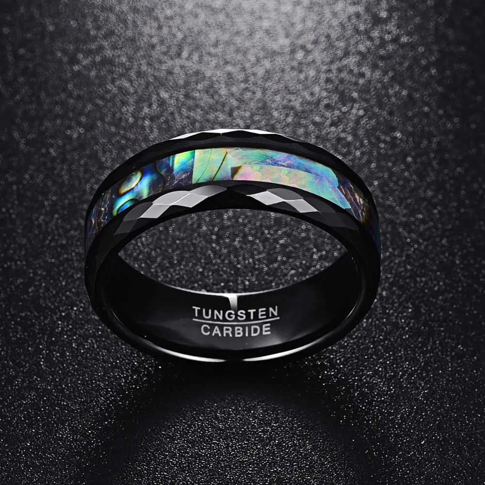 Nuncad 8mm Men's Abalone Shell & Polished Black Faceted Tungsten Carbide Rings Wedding Bands Size 7-12314V