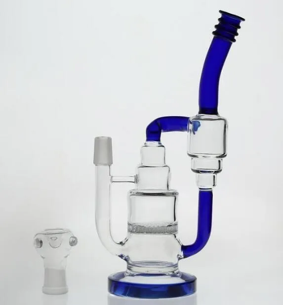 Rökning Vattenrör Honeycomb Percolator och dubbel Recycler Oil Rig Glas Bongs Joint Size 18.8mm I lager Billiga Royal Blue Hookahs