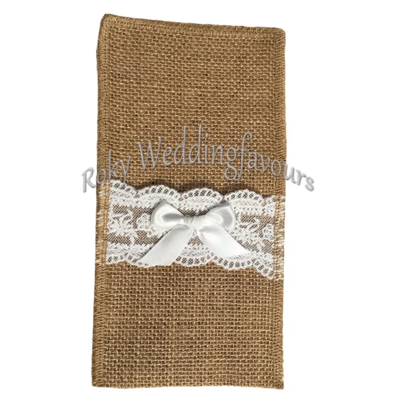 12 SZTUK JUTE Koronka Sztućce Kieszonkowe Nóż Burlap I Forek Bag Vintage Wedding Tableware Torba 4 