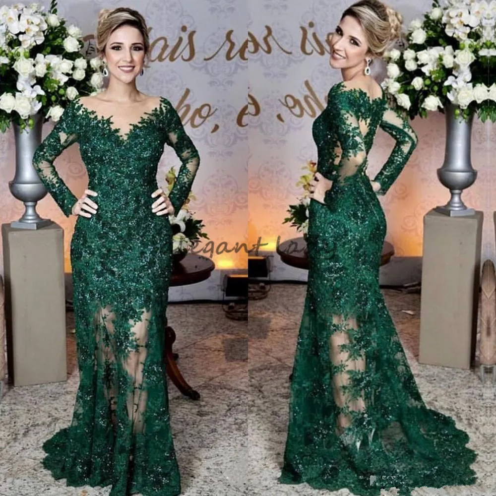 Glamorous Emerald Green Evening Dresses Fashion Lace Applique Long Sleeve Mermaid Prom Dress Custom Made See Through Tulle Long Evening Gown
