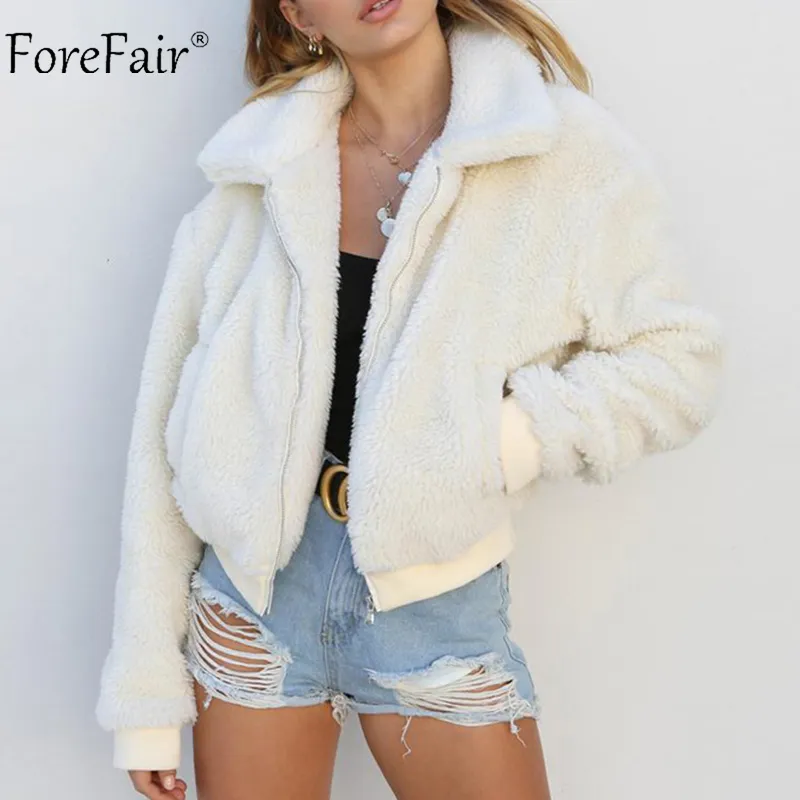 Forefair Fleece Jacket Donna Autunno manica lunga crop Top Faux Fur Coat Donna Casual Bomber Jacket Winter Ladies Coat L18100904