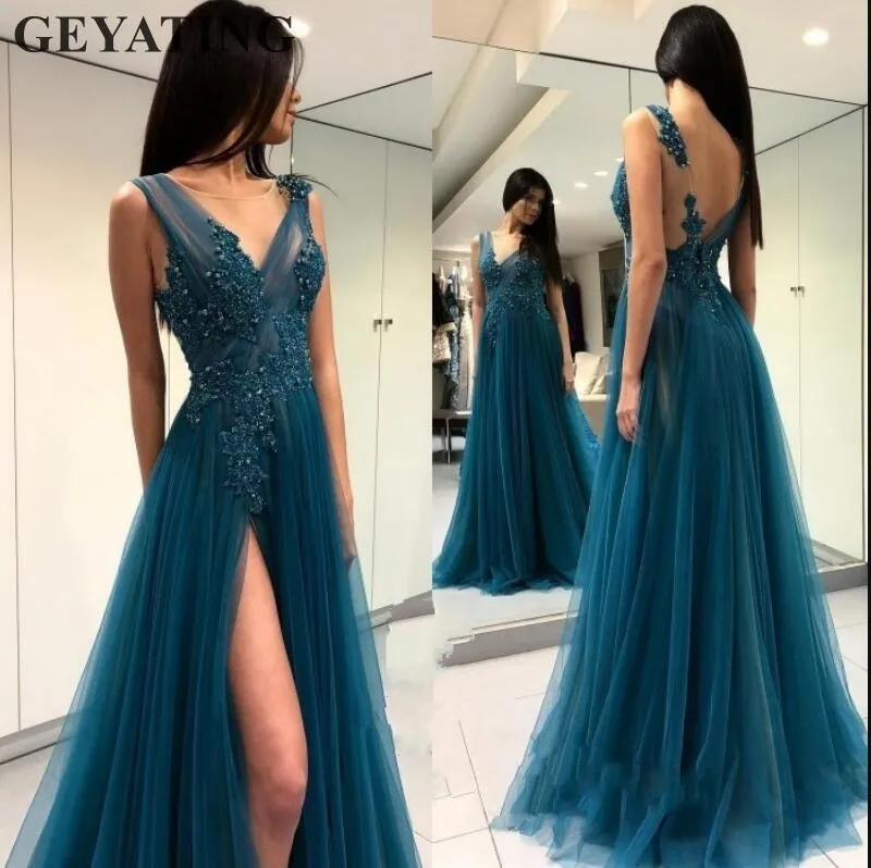 Turkos V-hals Backless Long Prom Klänningar 2018 Sexig Högsidan Slit Tulle Lace Applique Beaded Women Evening Party Dress Formella klänningar