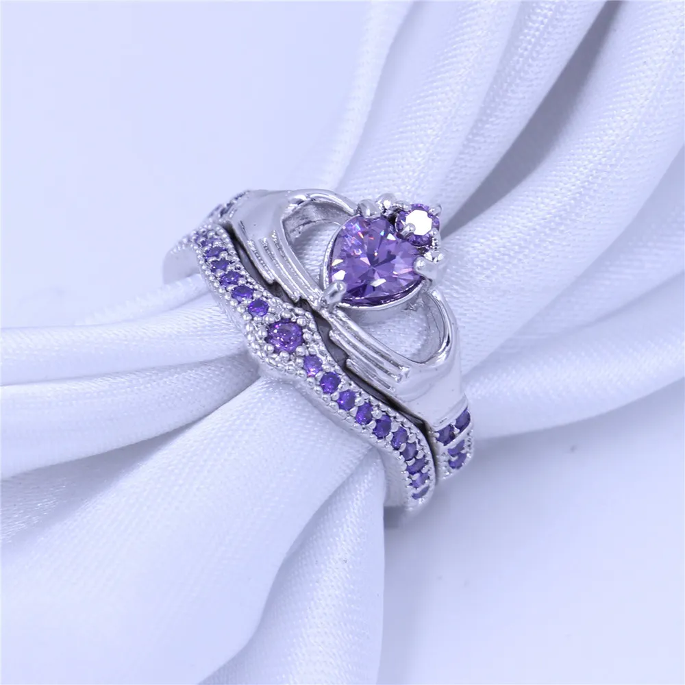 Klasyczny Claddagh Pierścień Biżuteria Birthstone Biżuteria Ślub Pierścienie Zestaw Dla Kobiet Purpurowe 5A CZ Białe Złoto Wypełnione Party Party