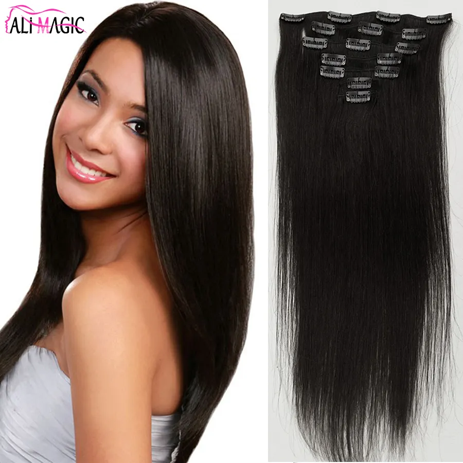 Extensions de cheveux humains européens Remy à double tirage, cheveux humains soyeux et lisses, tête complète, extensions de cheveux à clips, 7 pièces, 12 à 26 pouces, couleur naturelle