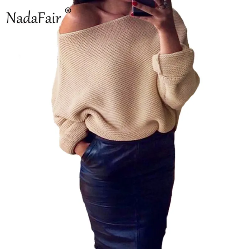 Nadafair sexy off shoulder loose knitted sweater women 2018 autumn winter slim solid casual sweater female knitting jumper tops S18100902