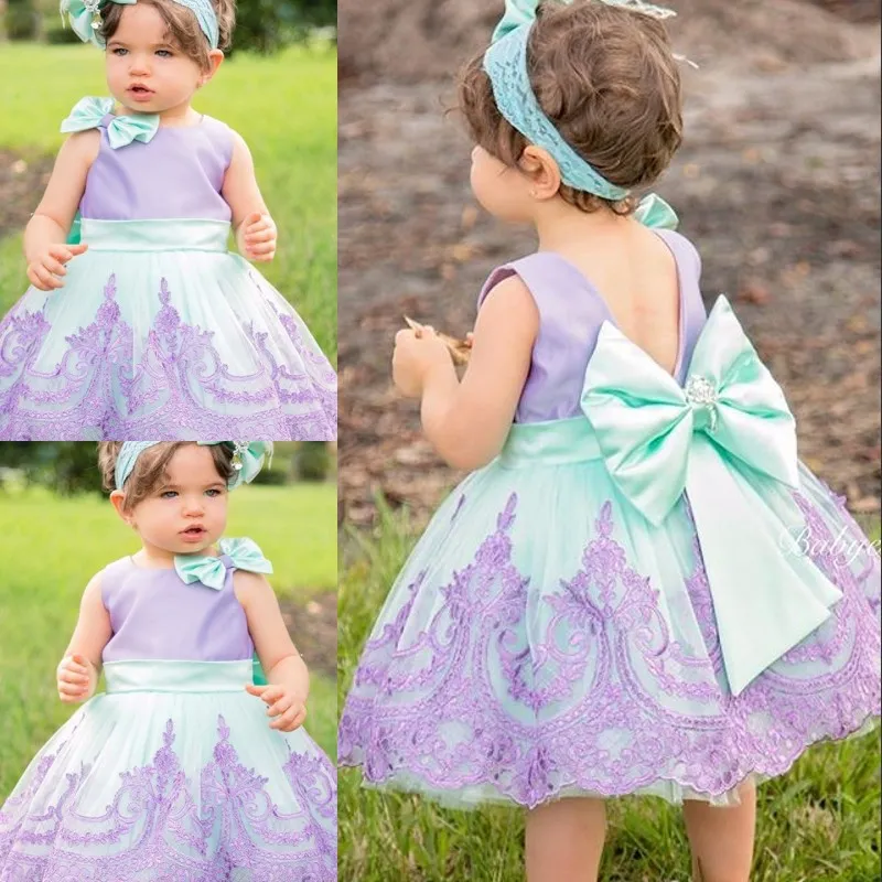 Lovely Baby Flower Girls Dress Full Lace Appliques Jewel Neck Bows Tulle Girls Pageant Dress Custom Made Toddler Birthday Dress