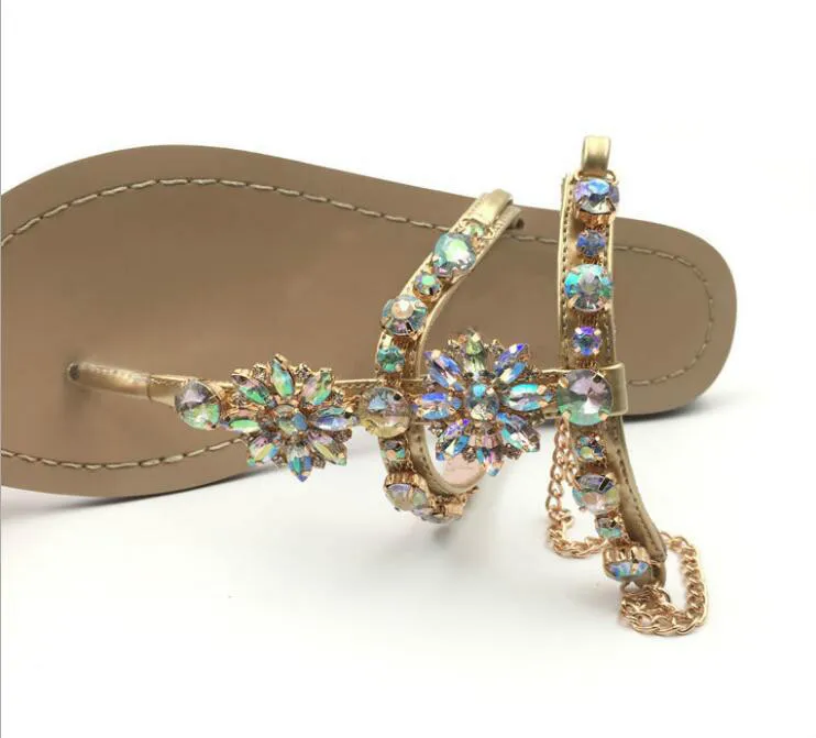 European and American Roman style women Bohemian chain Colorful diamond sandal Lady casual sandals womens Slippers flip flops Shoes 36 47