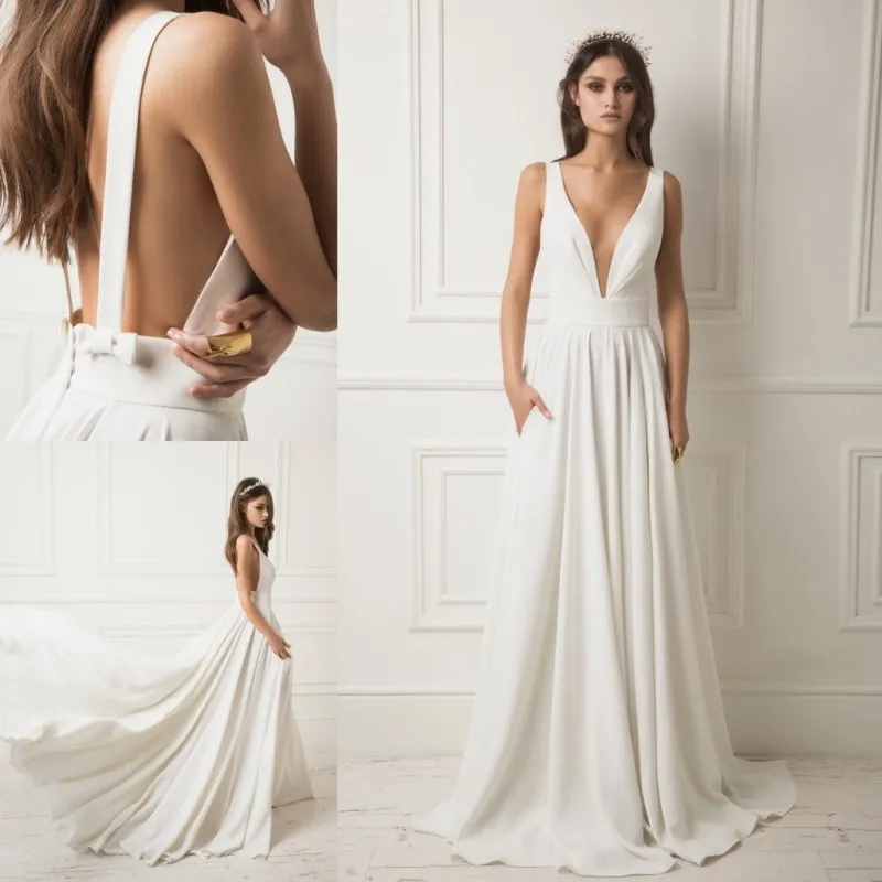 Lihi Hod 2019 Beach Satin Wedding Dresses Boho Deep V Neck Bridal