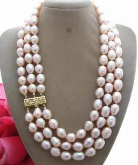 3 rijen 9-10mm natuurlijke Australische South Sea Gold Pink Pearl Ketting 17 "-19"