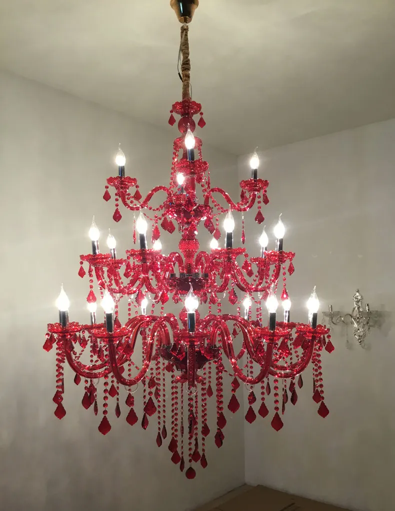 Large Red Crystal Chandelier Lighting in red 3 tiers Big Cristal Lustres Light Fixture BIG Crystal chandeliers for villa Hotel