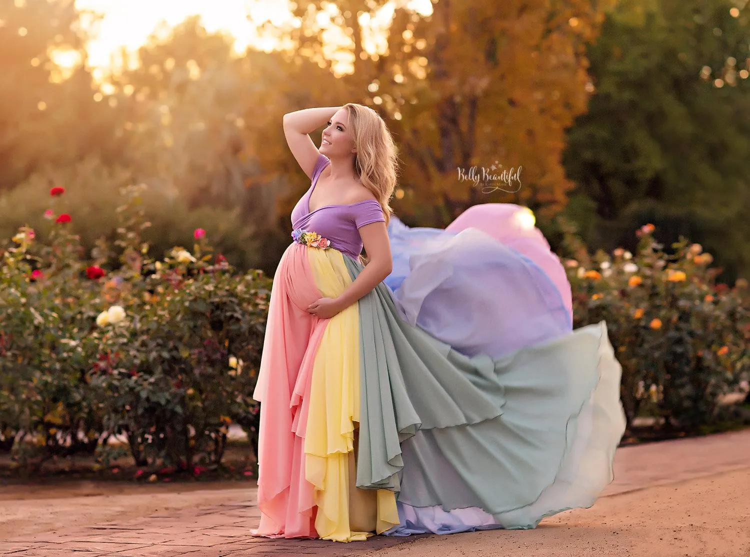 2018 arc-en-ciel grande taille robes formelles enceintes fleur hors de l'épaule robe de maternité en mousseline de soie pas cher une ligne robes de soirée de bal