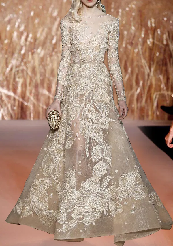 Elie Saab 2018 Abiti da ballo Champagne Sheer Bateau Maniche lunghe Abito formale Abiti da sera Illusion Floo - Lunghezza Abiti da festa con S297t