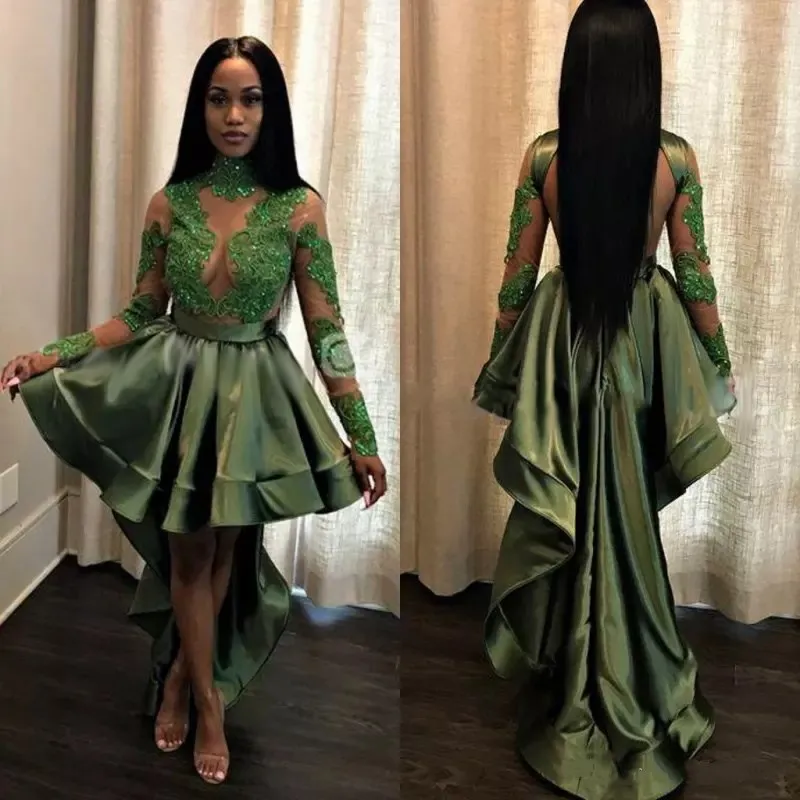 Emerald Green Black Girls High Low Prom Dresses 2018 Sexy See Through Appliques Sequins Sheer Long Sleeves Evening Gowns Cocktail Dress