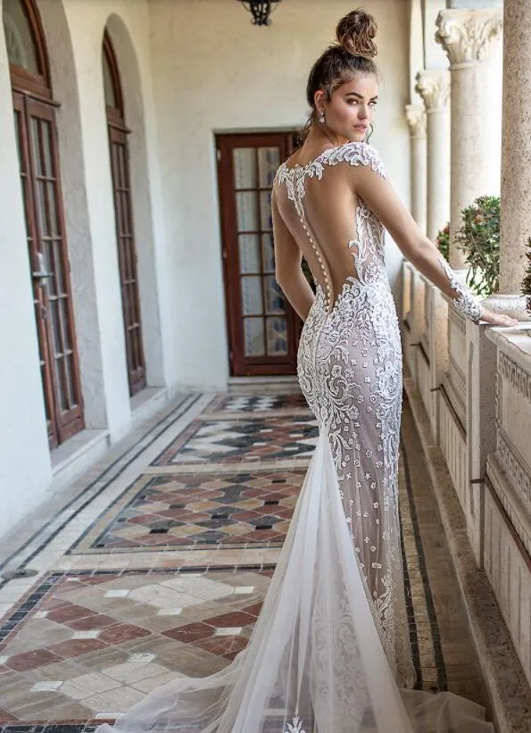 2019 Berta Mermaid Trouwjurken Scoop Neck Lace Applique Button Back Sweep Train Bruidsjurken met lange mouwen robe de Sexy Bridal 325k