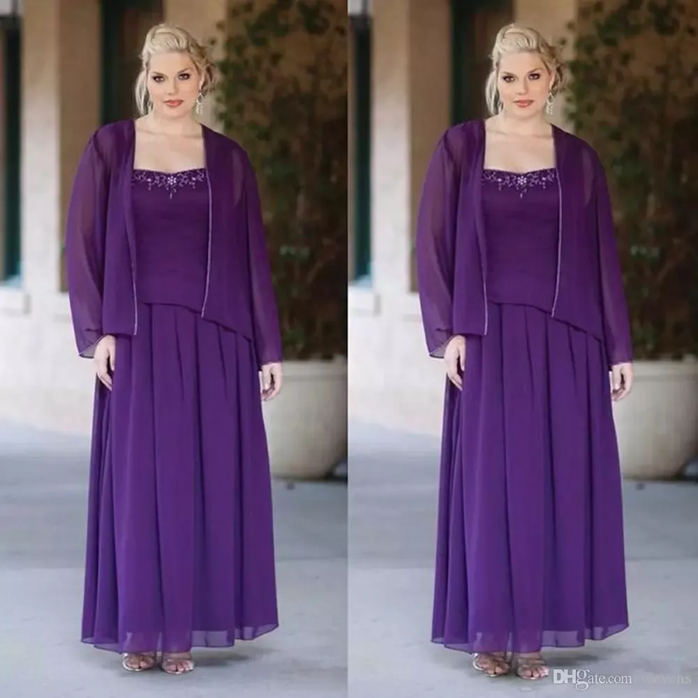 Plus size paarse moeder van de bruid jurken twee stukken chiffon jas spaghetti riemvloer lengte kralen bruiloft gasten jurk