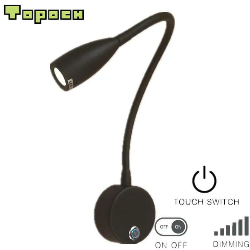 Topoch Touch On Dimning Reading Lamps AC100-240V DC12V flexibel LED-sconce headboard vägg ytmontering bok belysning humör ljus standby full alunimum lampa