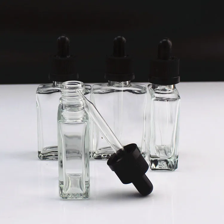 30 ml quadratische Glas-Tropfflaschen, Eliquid, klar, leer, kindersicher, manipulationssichere Kappen für E-Liquid-Saft, ätherisches Öl, DHL