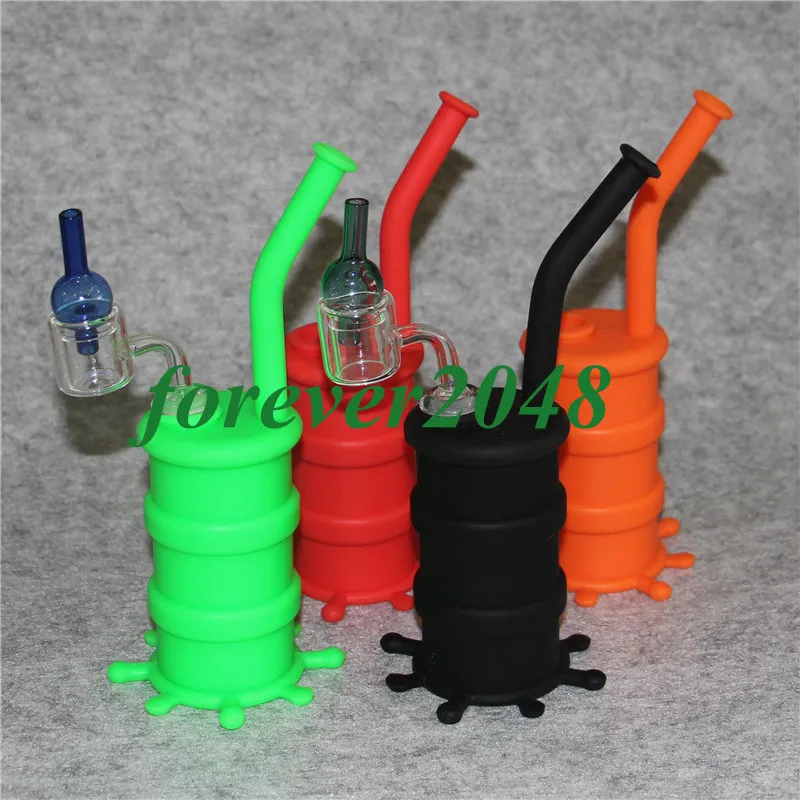 Pipa de agua de silicona Pipa de agua Recycler Bubbler Bongs de silicona irrompibles con clavo de cuarzo de tubo doble macho de 14 mm y tapa de carpa de vidrio