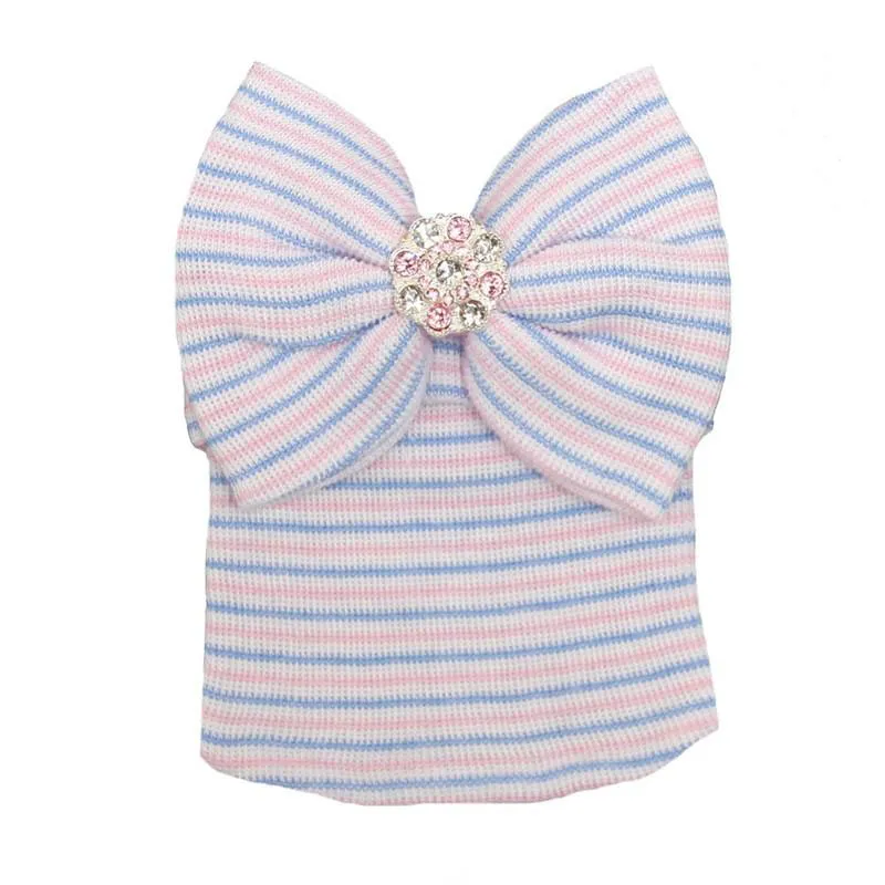 New 0-3M Newborn Baby Crochet Hats with Big Bow Cute Baby Girl Shiny Rhinestone Knitting Stripe Hedging Caps Autumn Winter