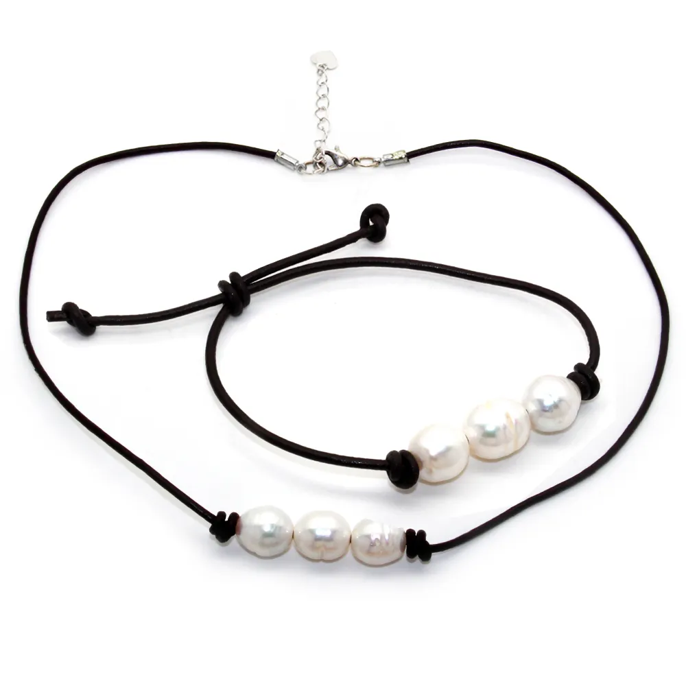 Fashion latest design freshwater pearl jewelry set natural fresh water white pearl leather rope necklace and pearl bracelet