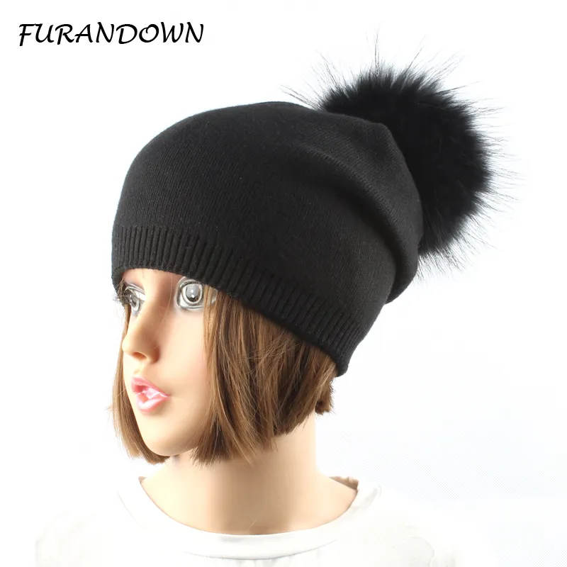 Mulheres inverno lã de malha chapéus pompom gorro pompons de pele de raposa natural chapéu de cor sólida causal chapéu cap D18110102